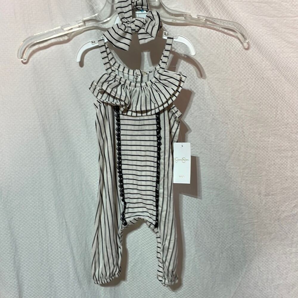 Jessica Simpson 3/6 creamy white black strip romper headband nwt ruffled